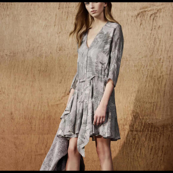 HALSTON HERITAGE silver gray long sleeve ruffle mini dress - Picture 2 of 8